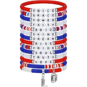 14 Pcs Cowboy Carter Tour Bracelet Accessories Bulk Western Cowboy Cowgirl Clay Bead Friendship Bracelet Gift Red White Blue Flag Stretch for Country Music Star Concert Beyhive Fans