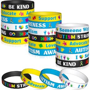 WATINC 48Pcs Autism Awareness Silicone Bracelets Colorful Puzzle Pieces Ribbons Stretch Wristbands Motivational Rubber Bracelet with Inspirational Messages for Men Women Teens Gifts (4 Colors)