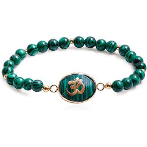 Malachite Om Yoga Bracelet, Green Beaded Meditation Jewelry For Women, Elastic Spiritual Gemstone Bracelet