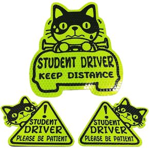 3PCS Reflective Student Driver Car Magnets, Please Be Patient Keep Distance Warning Sign, Cute Cartoon New Driver Decal Safety Sign Car Bumper Sticker, Removable Auto Exterior Accessories (Style A)
