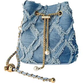 Eiyye Denim Purse Bucket Bags for Women Jean Purses Shoulder Bag Denim Crossbody Bags Drawstring with Chain Strap Blue