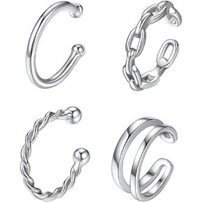 CHICSILVER 4PCS أصفاد الأذن للآذان غير المليئة بأقراط الأذن الفضية الفضية للنساء مقطع غضروف