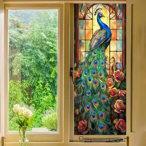 Red Rose Stained Glass Window Film 17.7x39.3 inch Floral Window Privacy Film Stained Decals Static Cling Sun Blocking Decor for Home Office Windows Door Glass Partitions