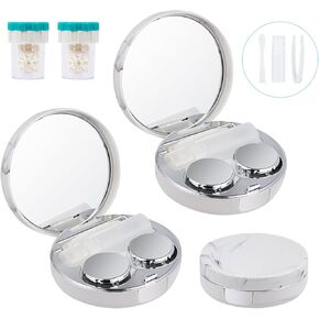 2 PACK Contact Lens Case, Cute Travel Size Eye Colored Contacts Lenses Applicator Remover Tool Kit with Mirror Solution Bottle，spectacles contact lens case，daily outdoor use (Silver)
