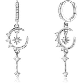 Silver Dangle Hoop Earrings for Women Star and Moon Earrings Huggie with Cubic Zirconia Celestial Space Style