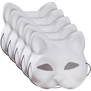 5 Pcs White Plastic Cat Masks Blank Cat Masks to Paint DIY Craft Animal Masks Cosplay Party Masks Hand Painted Masks Masquerade Costume Animal Masks with Eye Mesh