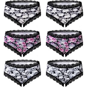 Women 6pcs Sexy Lingerie Gothic Lace Trim Bikinis Hipster Panties Underwear Underpants Breathable Undies skulls Print