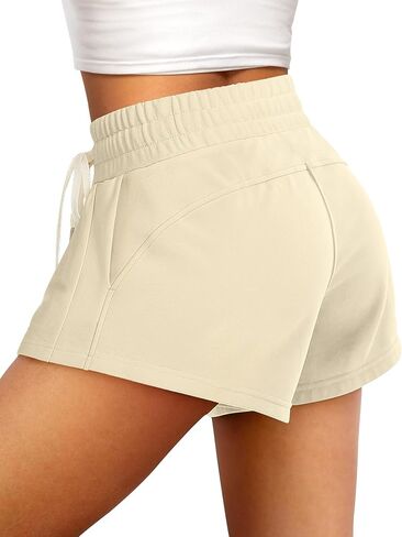 IWD Womens Sweat Shorts عرضية صيفية مريحة شورت القطن الرباط شورت صالة عالية الخصر مع جيوب in Saudi Arabia
