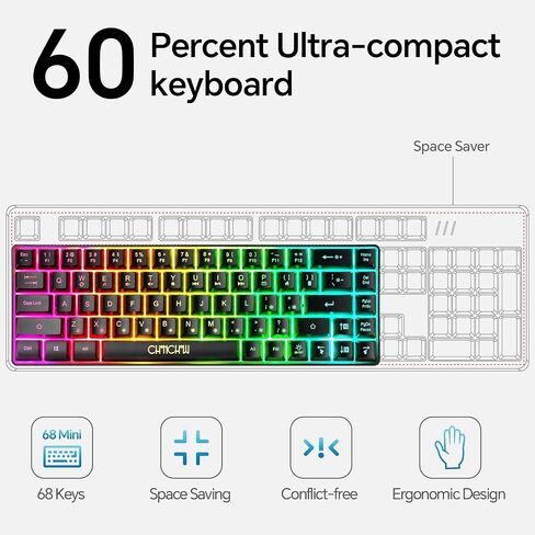 CHONCHOW Mini RGB 60% Gaming Keyboard, 68 Keys Small Compact USB Wired Rainbow Light Up Backlit Gaming Keyboard for Xbox PS4 PS5 PC Laptop Gamer in Saudi Arabia