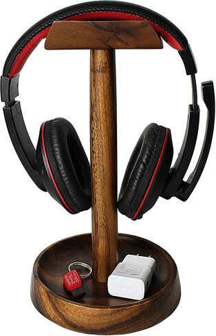 WRIGHTMART Wooden Headphone Stand, Universal Dual Headset Holder, Desktop Earphone Hanger, Cell Phone Tablet Slot, Décor for a Busy Office Workspace, Large Catch All Base Tray Acacia Wood in Kuwait