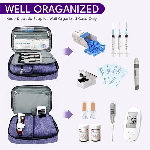 Portable Diabetic Supplies Bag for Glucose Meter, Medication and Other Diabetes Supplies, Diabetes Travel Case with Two Removable Storage Pouches, Purple (Bag Only) in Kuwait