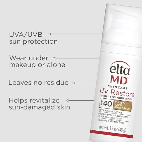 EltaMD UV Restore Face Sunscreen، عامل حماية من الشمس SPF 40 معدني لإصلاح البشرة المتضررة من الشمس، ويحسن ليونة البشرة ورطوبتها، مركب من أكسيد الزنك، يوصي به أطباء الجلدية، أنبوب 2 أونصة in Saudi Arabia