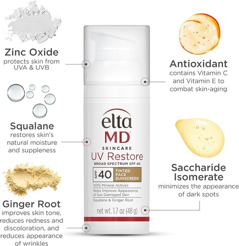 EltaMD UV Restore Face Sunscreen، عامل حماية من الشمس SPF 40 معدني لإصلاح البشرة المتضررة من الشمس، ويحسن ليونة البشرة ورطوبتها، مركب من أكسيد الزنك، يوصي به أطباء الجلدية، أنبوب 2 أونصة in Saudi Arabia