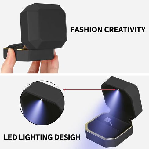Luxury LED Jewelry Ring Box, Velvet Ring Gift Box Storage Case Organizer Holder for Proposal Engagement Wedding Anniversary Birthday Ceremony (Black) in Kuwait