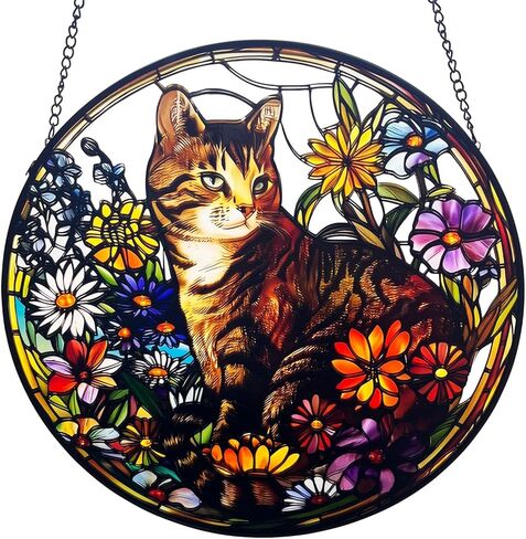 نافذة زجاجية ملون معلقة ، 9.84 '' Cat Butterfly Close Plass ، Pet Suncatcher مع سلسلة ، نافذة زجاجية معلقة لمحبي الحيوانات الأليفة in Kuwait