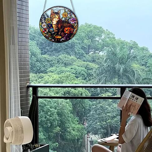 نافذة زجاجية ملون معلقة ، 9.84 '' Cat Butterfly Close Plass ، Pet Suncatcher مع سلسلة ، نافذة زجاجية معلقة لمحبي الحيوانات الأليفة in Kuwait