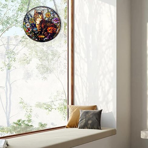 نافذة زجاجية ملون معلقة ، 9.84 '' Cat Butterfly Close Plass ، Pet Suncatcher مع سلسلة ، نافذة زجاجية معلقة لمحبي الحيوانات الأليفة in Kuwait