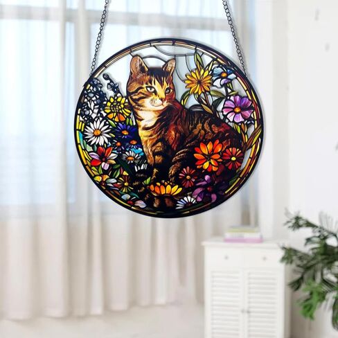 نافذة زجاجية ملون معلقة ، 9.84 '' Cat Butterfly Close Plass ، Pet Suncatcher مع سلسلة ، نافذة زجاجية معلقة لمحبي الحيوانات الأليفة in Kuwait