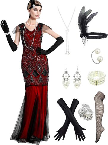 LELOVEFU 1920s Flapper Dresses Jazz Age Chic Sequin Mermaid Dresses w/Accessories Set in Saudi Arabia