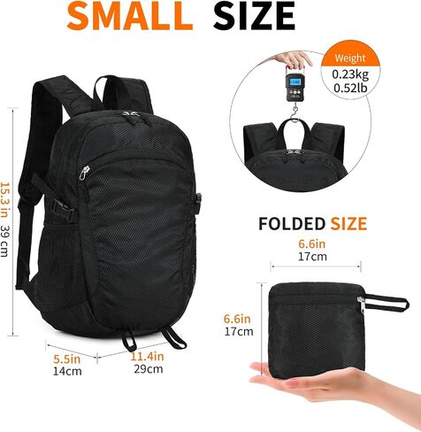 صغار المشي لمسافات طويلة Daypack ، 15L مقاوم للمريخ على ظهره على الظهر قابلة للتعبئة حزمة يوم السفر خفيفة الوزن للنساء الرجال (أسود ، صغير) in Saudi Arabia