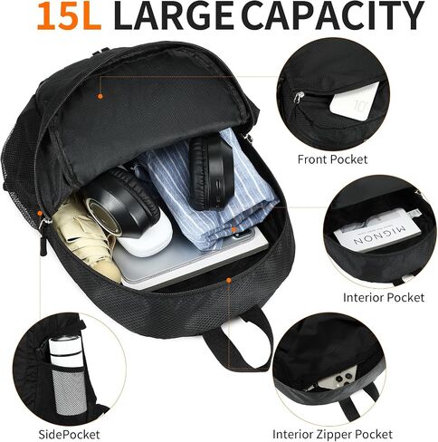 صغار المشي لمسافات طويلة Daypack ، 15L مقاوم للمريخ على ظهره على الظهر قابلة للتعبئة حزمة يوم السفر خفيفة الوزن للنساء الرجال (أسود ، صغير) in Saudi Arabia