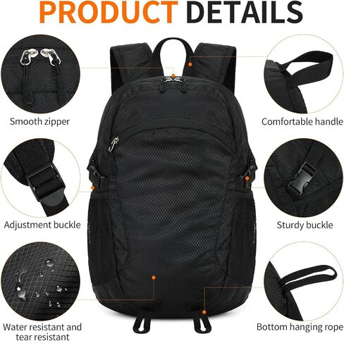 صغار المشي لمسافات طويلة Daypack ، 15L مقاوم للمريخ على ظهره على الظهر قابلة للتعبئة حزمة يوم السفر خفيفة الوزن للنساء الرجال (أسود ، صغير) in Saudi Arabia