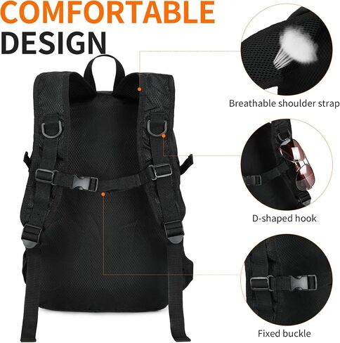 صغار المشي لمسافات طويلة Daypack ، 15L مقاوم للمريخ على ظهره على الظهر قابلة للتعبئة حزمة يوم السفر خفيفة الوزن للنساء الرجال (أسود ، صغير) in Saudi Arabia