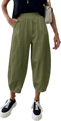 سراويل سراويل سراويل عالية الخصر سراويل زجرية خالية من القطن غير الرسمي حريم كابريس مع جيوب in Kuwait