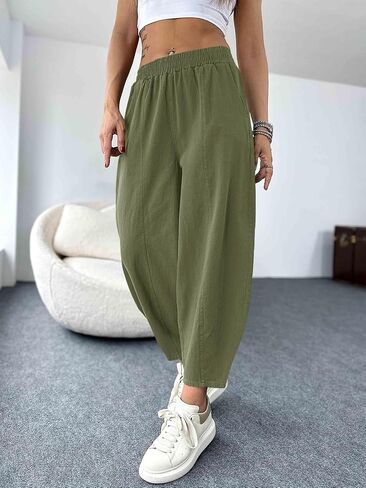 سراويل سراويل سراويل عالية الخصر سراويل زجرية خالية من القطن غير الرسمي حريم كابريس مع جيوب in Kuwait