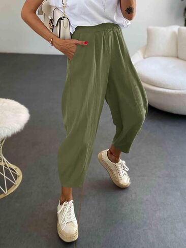 سراويل سراويل سراويل عالية الخصر سراويل زجرية خالية من القطن غير الرسمي حريم كابريس مع جيوب in Kuwait