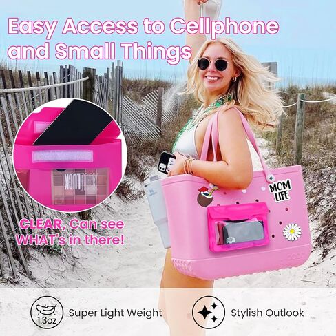 Phone Holder for Bogg Bag, Organizer Pouch for Bogg Bag Accessories, Clear Pouch with Magic Sticker Strap, Cell Phone Holder Compatible with All Beach Tote Attachment Insert Hot Pink in Saudi Arabia