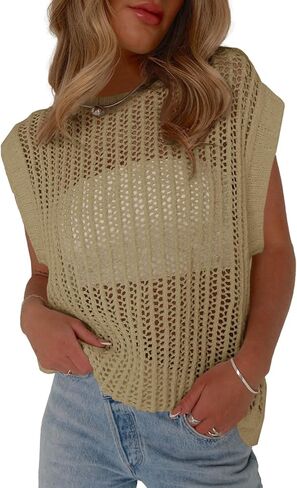 Fisoew Womens Crochet Tops Cap Sleeve Crew Neck Summer Summer Suptiros in Saudi Arabia