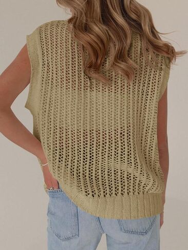Fisoew Womens Crochet Tops Cap Sleeve Crew Neck Summer Summer Suptiros in Saudi Arabia