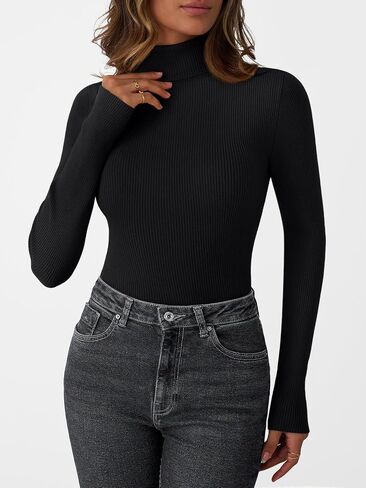 Lillusory Womens Turtleneck Subbed Sevents متماسكة النحيف Fit Tops Pullover Tops Long Sleeve Fall Fashion Complements 2025 in Kuwait