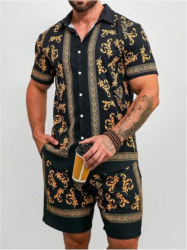 Men's 2 Piece Short Set Short Sleeve Button Down Shirts and Drawstring Waist Shorts Vacation Outfits in Saudi Arabia