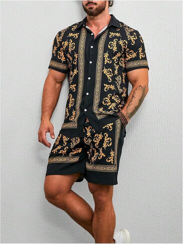 Men's 2 Piece Short Set Short Sleeve Button Down Shirts and Drawstring Waist Shorts Vacation Outfits in Saudi Arabia