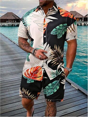 Men's 2 Piece Short Set Short Sleeve Button Down Shirts and Drawstring Waist Shorts Vacation Outfits in Saudi Arabia