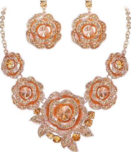 BriLove Gorgeous Stunning Crystal Layer Flower Cluster Statement Necklace Dangle Earrings Jewelry Set for Women Bridal Bridesmaid in Saudi Arabia