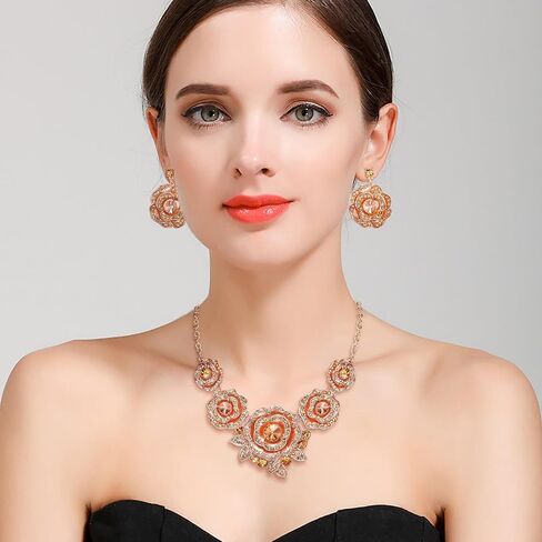 BriLove Gorgeous Stunning Crystal Layer Flower Cluster Statement Necklace Dangle Earrings Jewelry Set for Women Bridal Bridesmaid in Saudi Arabia