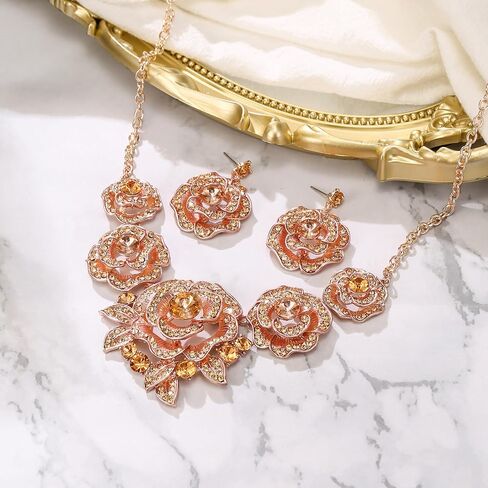 BriLove Gorgeous Stunning Crystal Layer Flower Cluster Statement Necklace Dangle Earrings Jewelry Set for Women Bridal Bridesmaid in Saudi Arabia