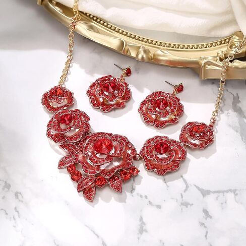 BriLove Gorgeous Stunning Crystal Layer Flower Cluster Statement Necklace Dangle Earrings Jewelry Set for Women Bridal Bridesmaid in Saudi Arabia
