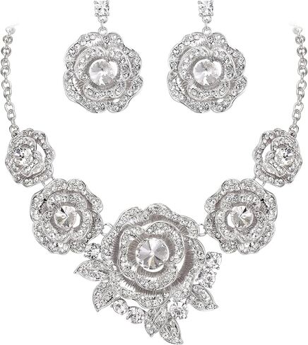 BriLove Gorgeous Stunning Crystal Layer Flower Cluster Statement Necklace Dangle Earrings Jewelry Set for Women Bridal Bridesmaid in Saudi Arabia