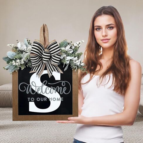 Ultra Large 14'' Last Name All Year Round Front Door Wreath with 26 Initial Letter Welcome Sign All Seasons Eucalyptus Garland and Bow Wreaths for Front Door Porch Farmhouse Decoration (S) in Saudi Arabia