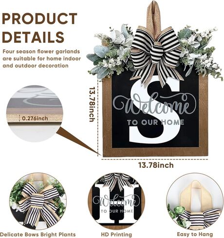 Ultra Large 14'' Last Name All Year Round Front Door Wreath with 26 Initial Letter Welcome Sign All Seasons Eucalyptus Garland and Bow Wreaths for Front Door Porch Farmhouse Decoration (S) in Saudi Arabia