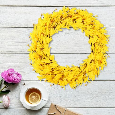20 '' Forsythia Wreath Spring Spring Summer Fall With Winter Breatts for Bride Bate with Berries Silk Oree Wreath for Porch Farmhouse Patio Garden Window Decord Outdoor Home Decor (الأصفر) in Kuwait