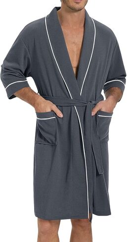 SIORO Men’s Waffle Knit Robe with Shawl Collar, Short Lightweight Bathrobe with Pockets, Perfect for Spa, Summer & Shower in Kuwait