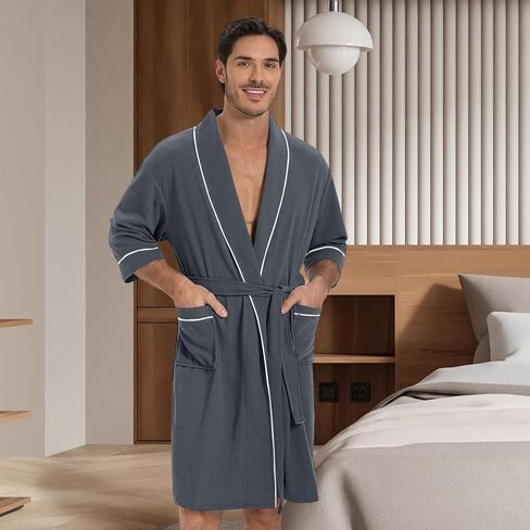 SIORO Men’s Waffle Knit Robe with Shawl Collar, Short Lightweight Bathrobe with Pockets, Perfect for Spa, Summer & Shower in Kuwait