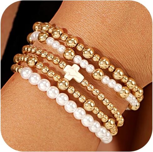 أساور طويلة من Tiantian 5pcs ذهبية من الأساور للنساء غير المشوهة لؤلؤة بيرل للنساء للنساء أساور حبة الطين العصرية كومة تمدد للنساء للنساء هدايا 2025 in Kuwait