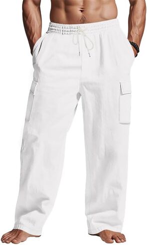 Mens Casual Cargo Pants Summer Vacation Lightweight Drawstring Pants Elastic Waist Beach Yoga Trousers with Pockets in Saudi Arabia
