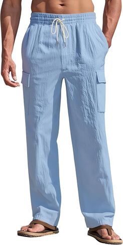 Mens Linen Pants Casual Summer Beach Pants Lightweight Drawstring Yoga Trousers Vacation Cargo Pants with Pockets in Saudi Arabia